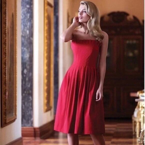 Antonio Melani Red Strapless Pleated Midi Dress Size 6 - Picture 3 of 7